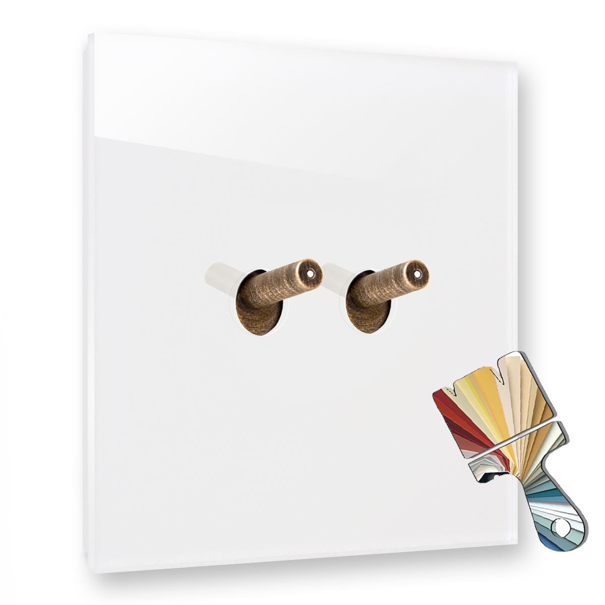 2-gang toggle switch in RAL colour with bronze toggles illuminated. Custom colour glass-effect YORK