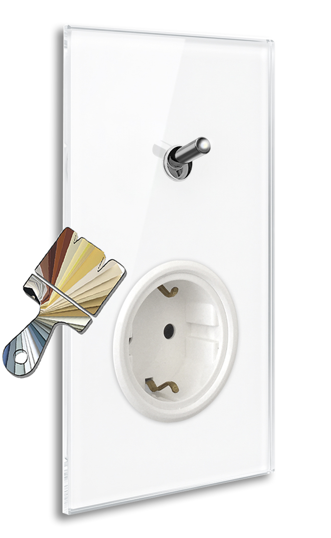Modern illuminated switch-socket combo with 1 chrome toggle lever in Farrow & Ball colour glass optic. YORK