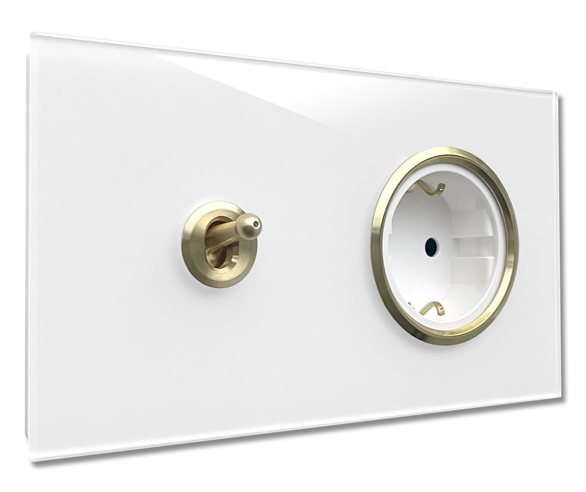 Modern horizontal switch-socket combo with 1 brass toggle lever in white glass optic. Cambridge