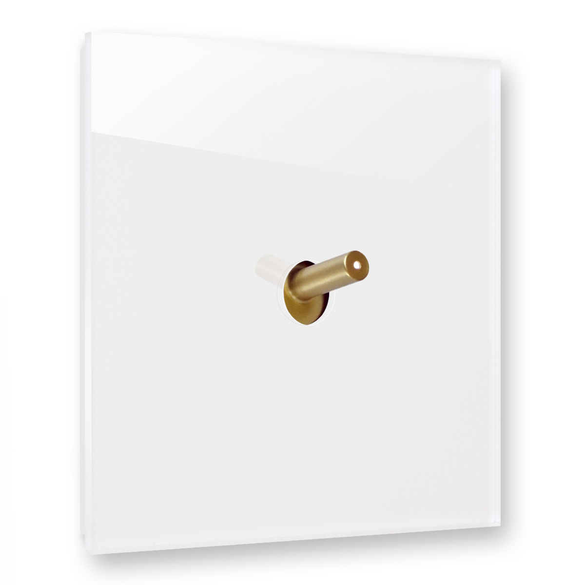 Modern illuminated design light switch in white glass optic with 1 brass toggle lever. YORK