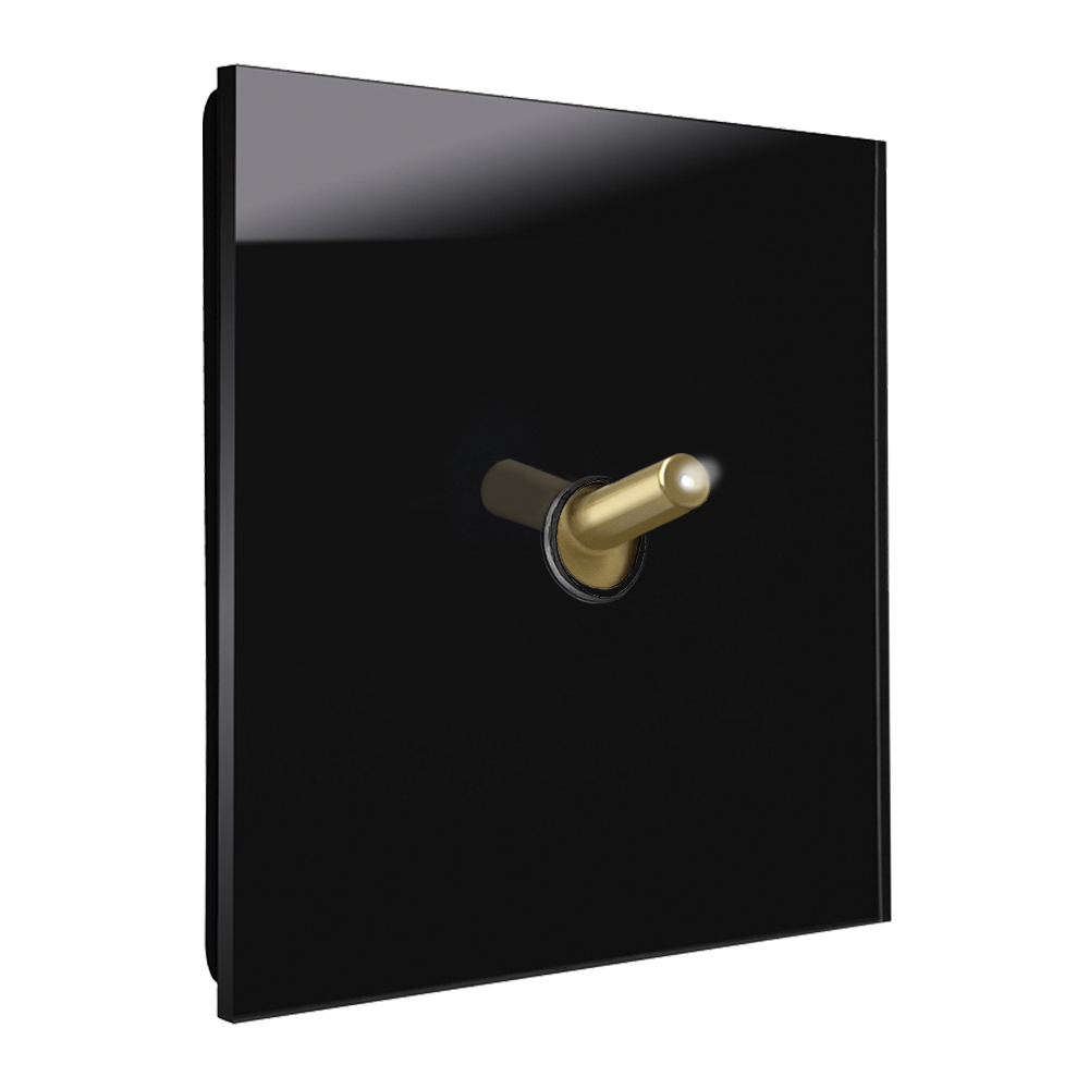 Modern illuminated design light switch in black glass optic with 1 brass toggle lever. YORK