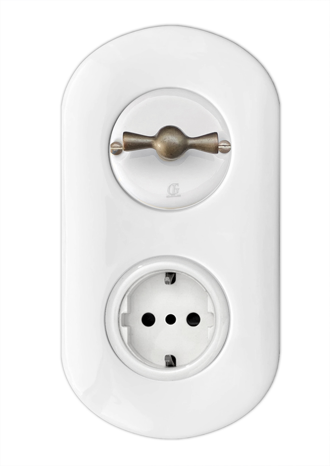 Porcelain rotary switch (2-way) with socket. White. Bronce. VDE.