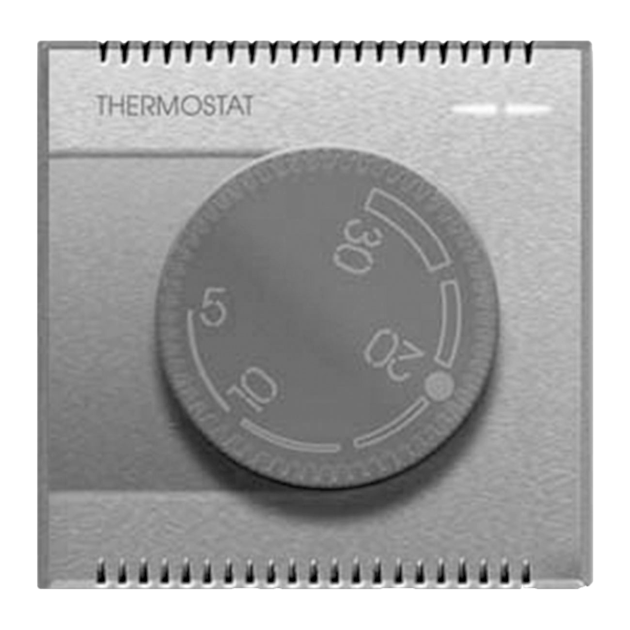Rotary knob THERMOSTAT. Shiny silver colour.