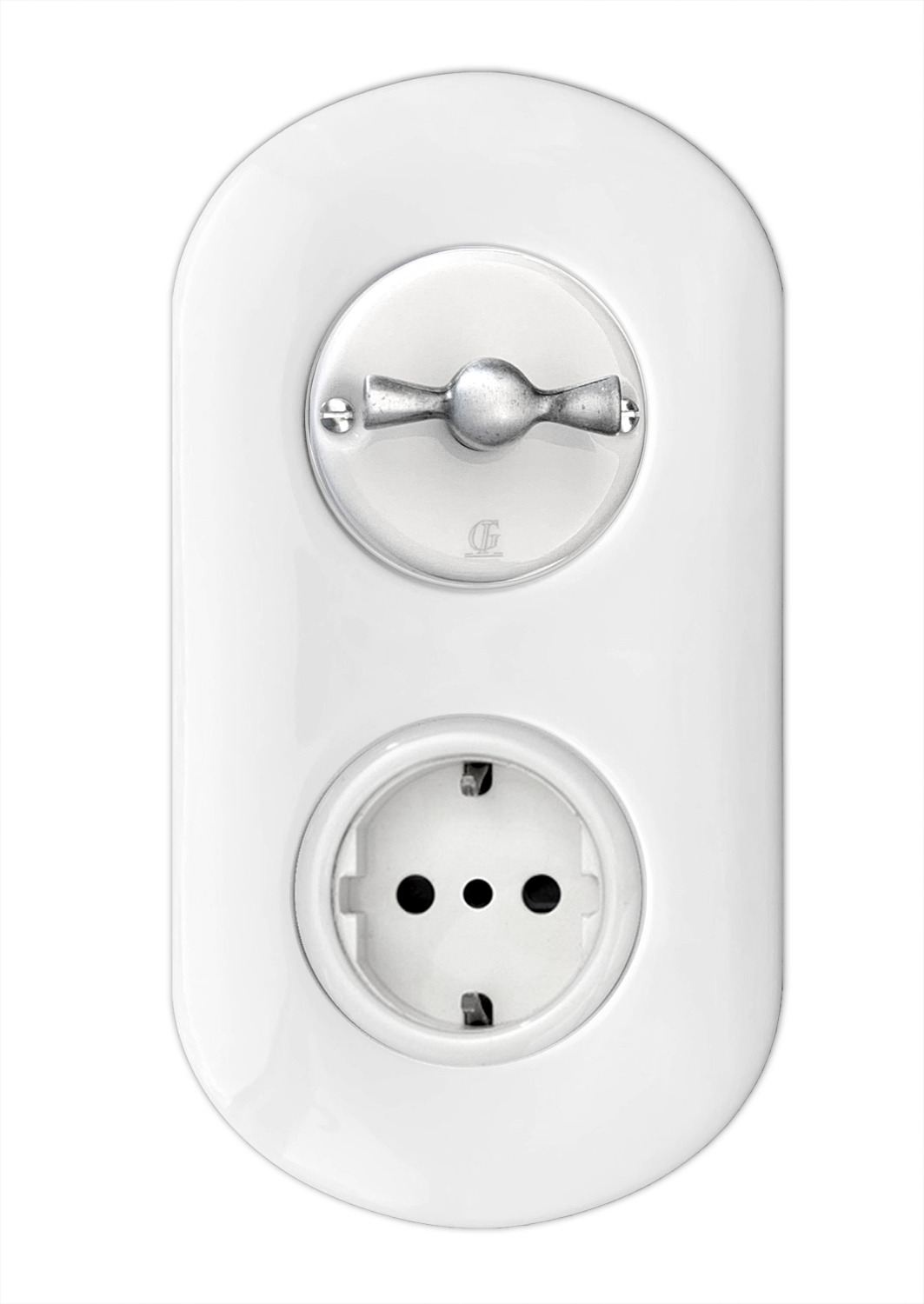 Porcelain rotary switch (2-way switch) with socket. White Silver. VDE