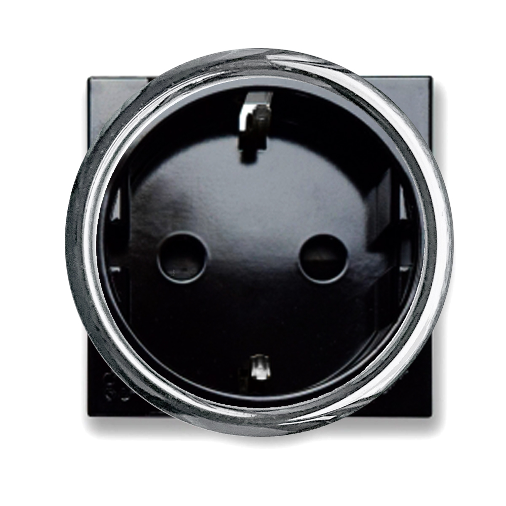 Schuko socket insert (type F). Black with chrome-plated decorative ring