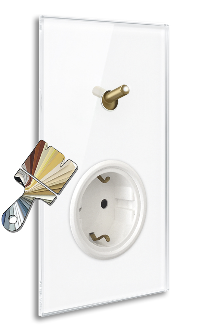 Lichtschalter in Farrow Ball Farbe 1 Messing-Kipphebel beleuchtet, 1 Steckdose. Glas-Optik. YORK