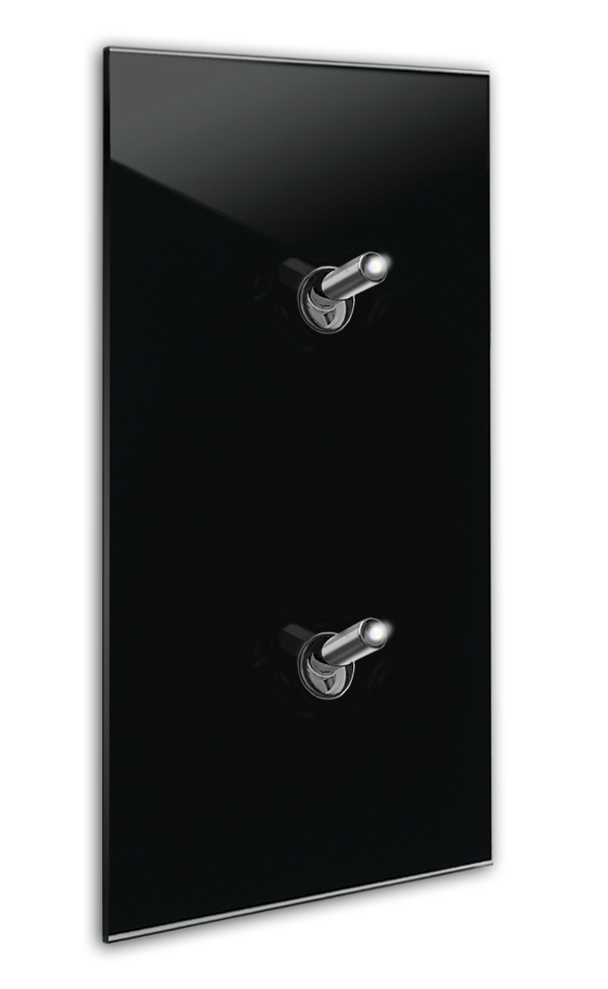 Modern illuminated design light switch in black glass optic vertical with 2 chrome toggle levers. YORK